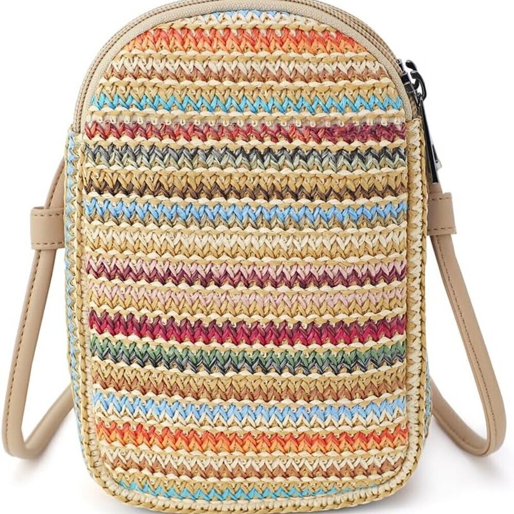 Women's Small Crossbody Bag Straw Material Adjustable Strap Travel Purplestripe